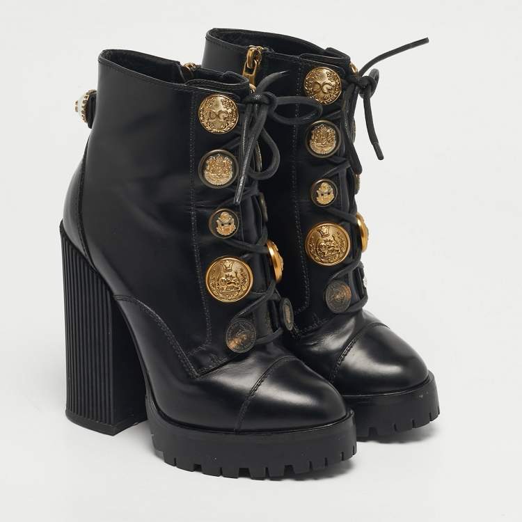 Pre Owned Dolce & Gabbana Size 36 Black Leather Button Embellished Combat Ankle Boots 