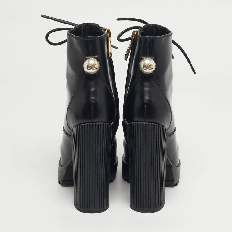 Pre Owned Dolce & Gabbana Size 36 Black Leather Button Embellished Combat Ankle Boots 