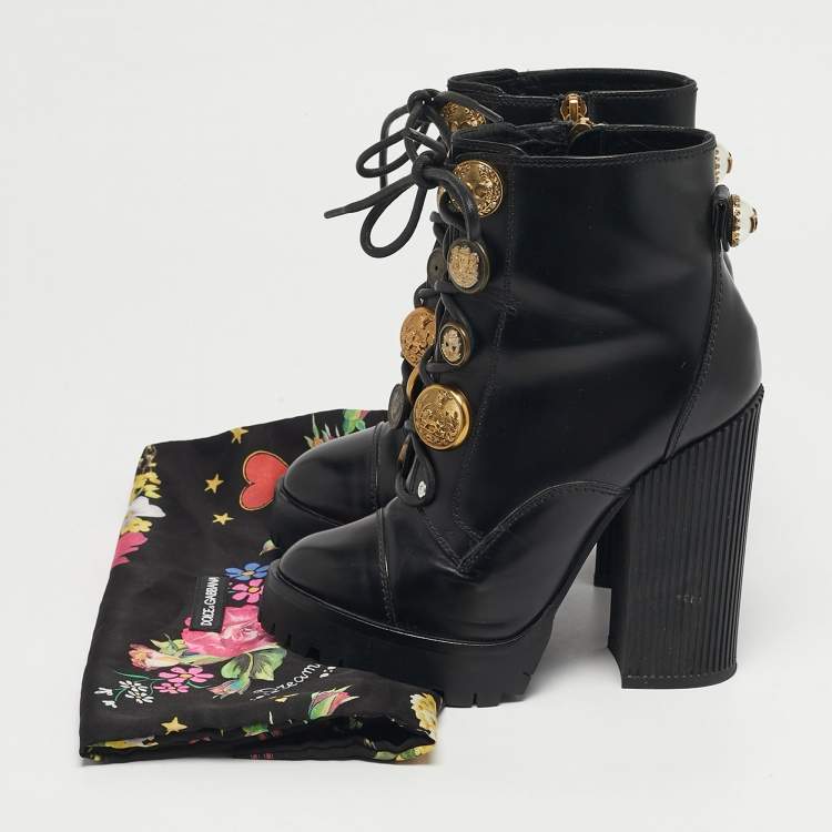 Pre Owned Dolce & Gabbana Size 36 Black Leather Button Embellished Combat Ankle Boots 