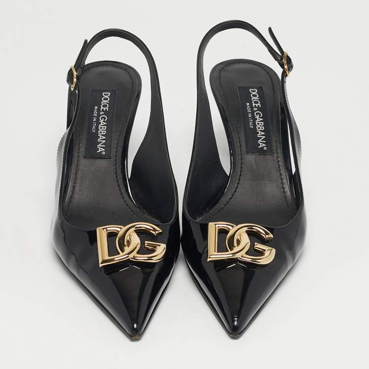 Pre Owned Dolce & Gabbana DG Logo Size 39 Black Patent Leather Slingback Pumps