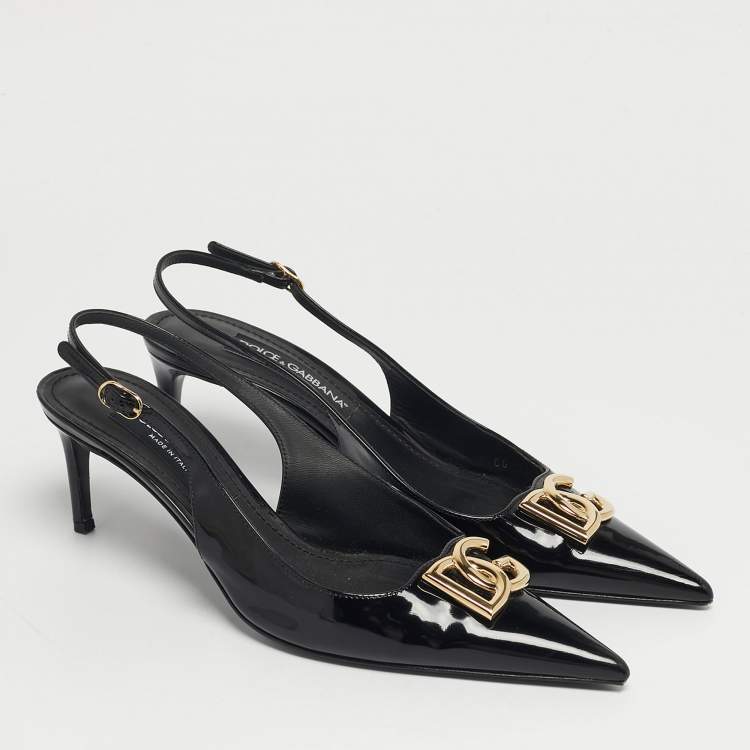 Pre Owned Dolce & Gabbana DG Logo Size 39 Black Patent Leather Slingback Pumps