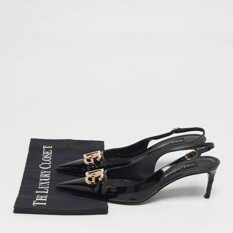 Pre Owned Dolce & Gabbana DG Logo Size 39 Black Patent Leather Slingback Pumps
