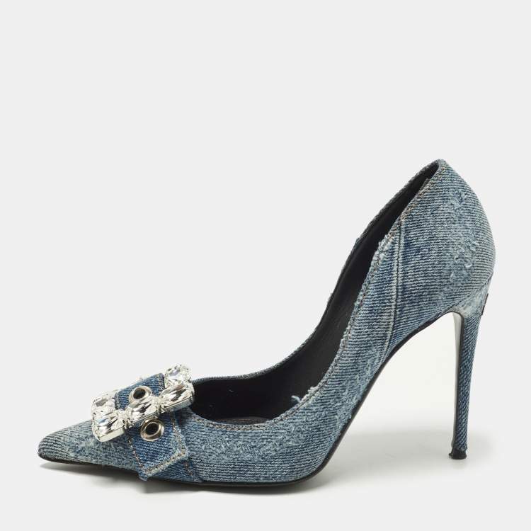 Pre Owned Dolce & Gabbana Bellucci Size 36 Blue Denim Rhinestone Buckle Pumps