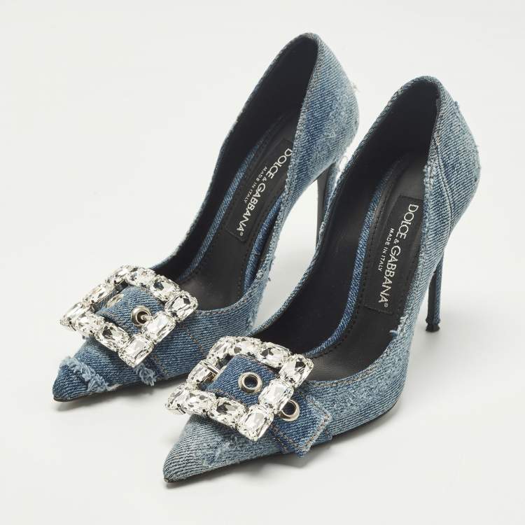 Pre Owned Dolce & Gabbana Bellucci Size 36 Blue Denim Rhinestone Buckle Pumps