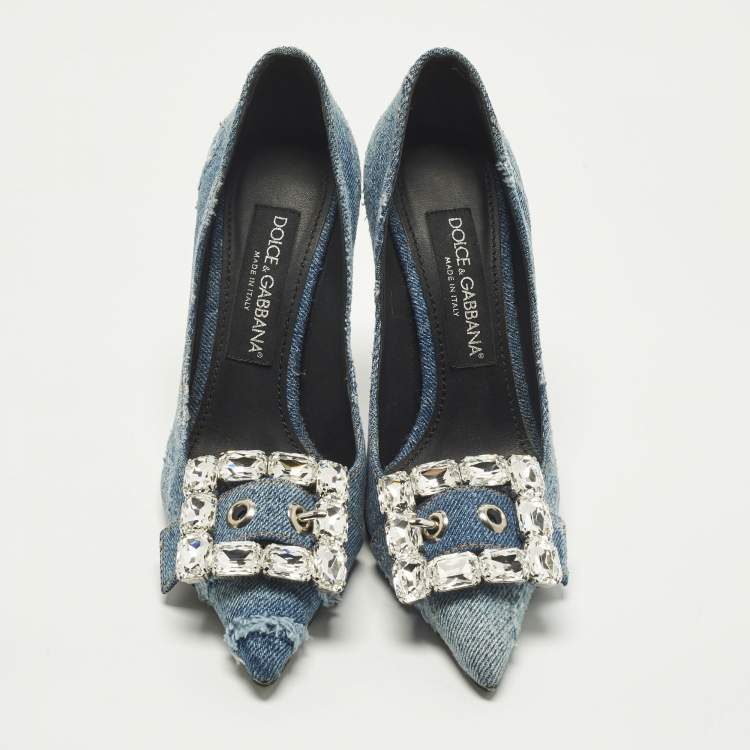 Pre Owned Dolce & Gabbana Bellucci Size 36 Blue Denim Rhinestone Buckle Pumps