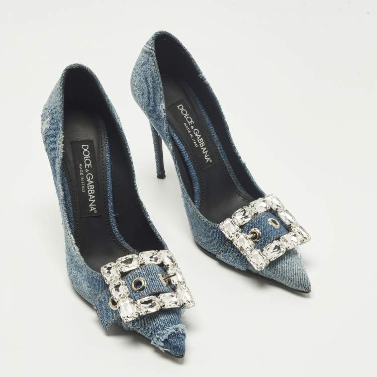 Pre Owned Dolce & Gabbana Bellucci Size 36 Blue Denim Rhinestone Buckle Pumps