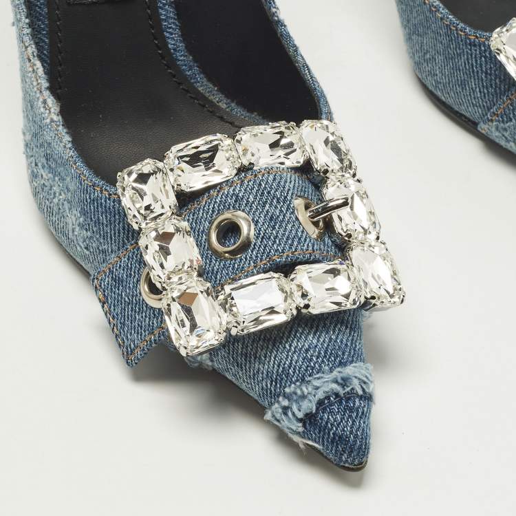 Pre Owned Dolce & Gabbana Bellucci Size 36 Blue Denim Rhinestone Buckle Pumps