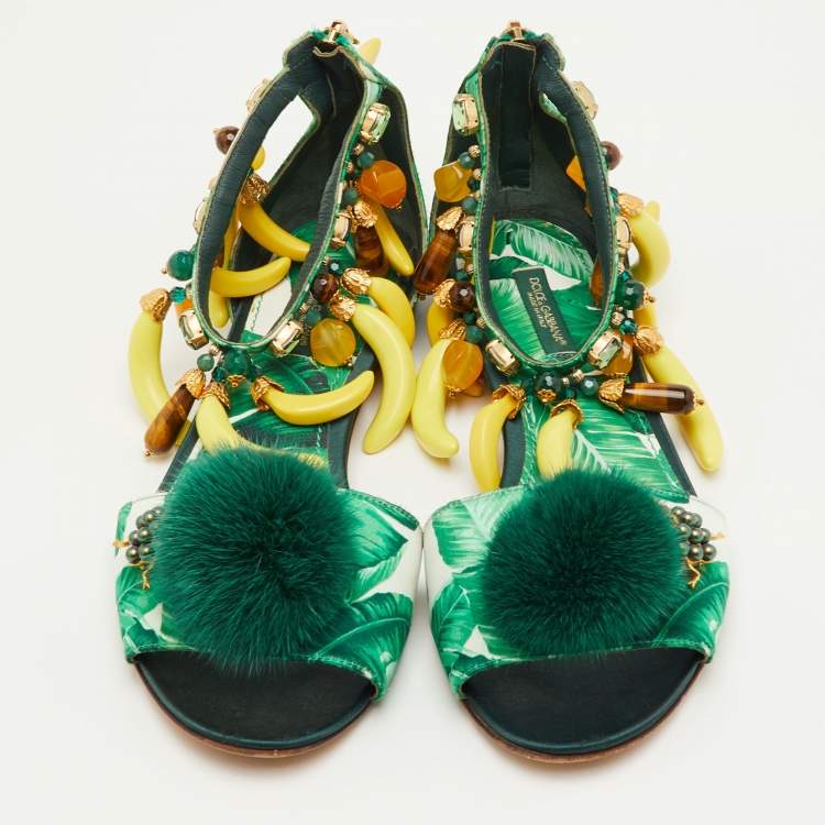 Pre Owned Dolce & Gabbana Size 38 Green Mink Fur and Satin Banana Leaf Ankle Strap Flat Sandals