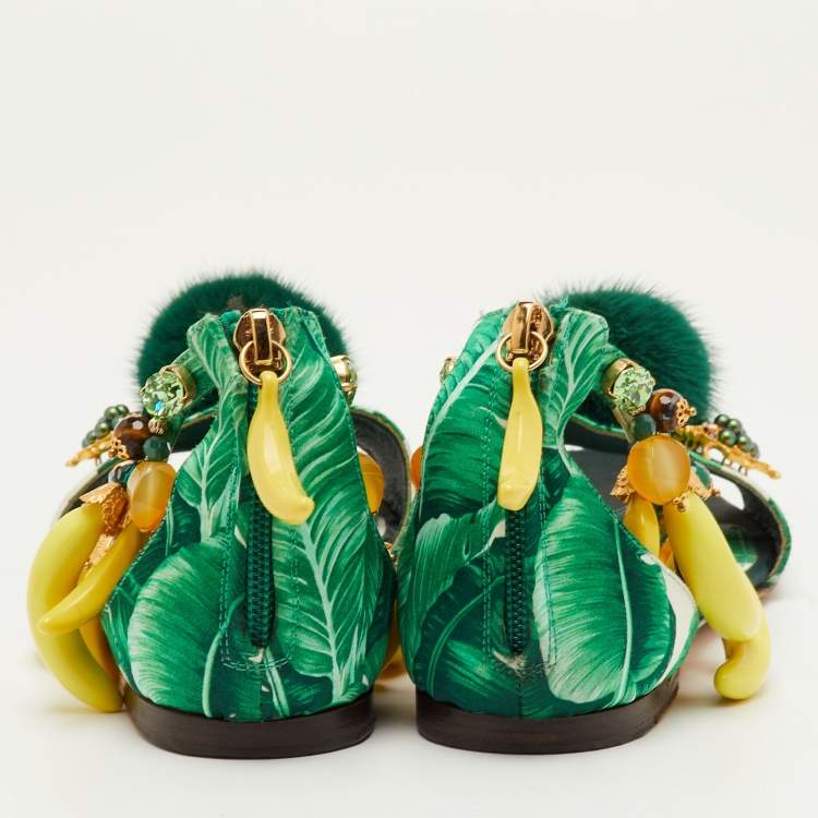 Pre Owned Dolce & Gabbana Size 38 Green Mink Fur and Satin Banana Leaf Ankle Strap Flat Sandals