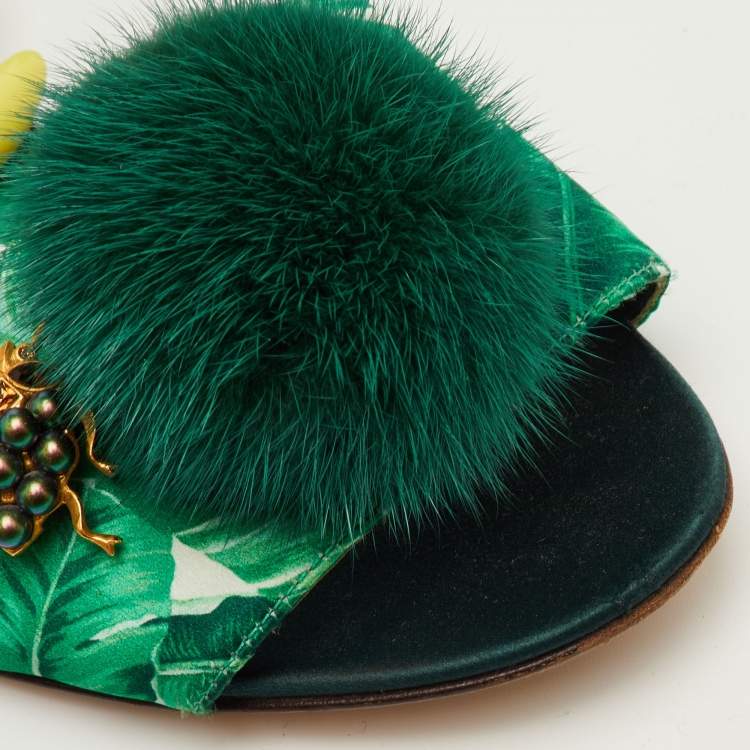 Pre Owned Dolce & Gabbana Size 38 Green Mink Fur and Satin Banana Leaf Ankle Strap Flat Sandals