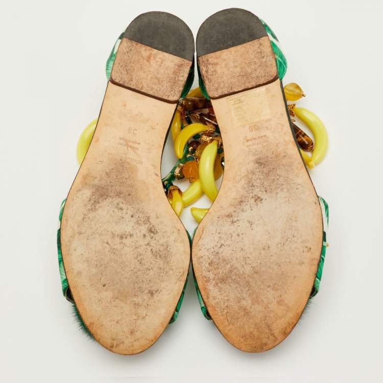 Pre Owned Dolce & Gabbana Size 38 Green Mink Fur and Satin Banana Leaf Ankle Strap Flat Sandals