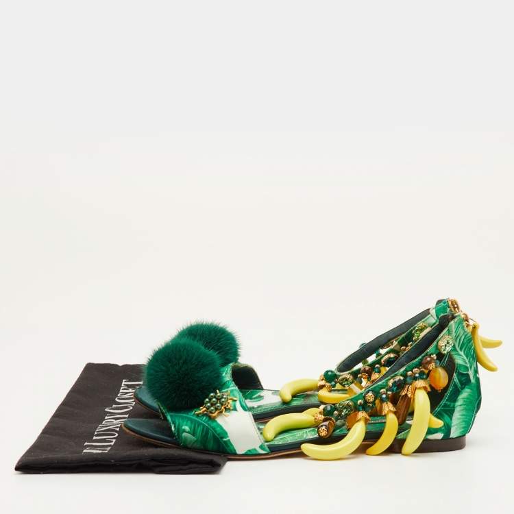 Pre Owned Dolce & Gabbana Size 38 Green Mink Fur and Satin Banana Leaf Ankle Strap Flat Sandals