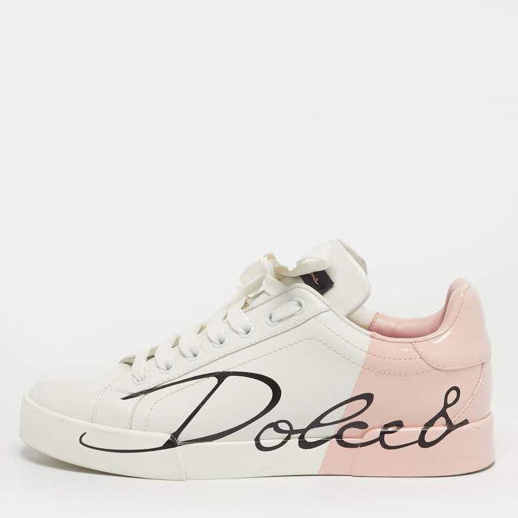 مملوكة مسبقًا Dolce & Gabbana Portofino Size 37 White/Pink Leather Lace Up Sneakers