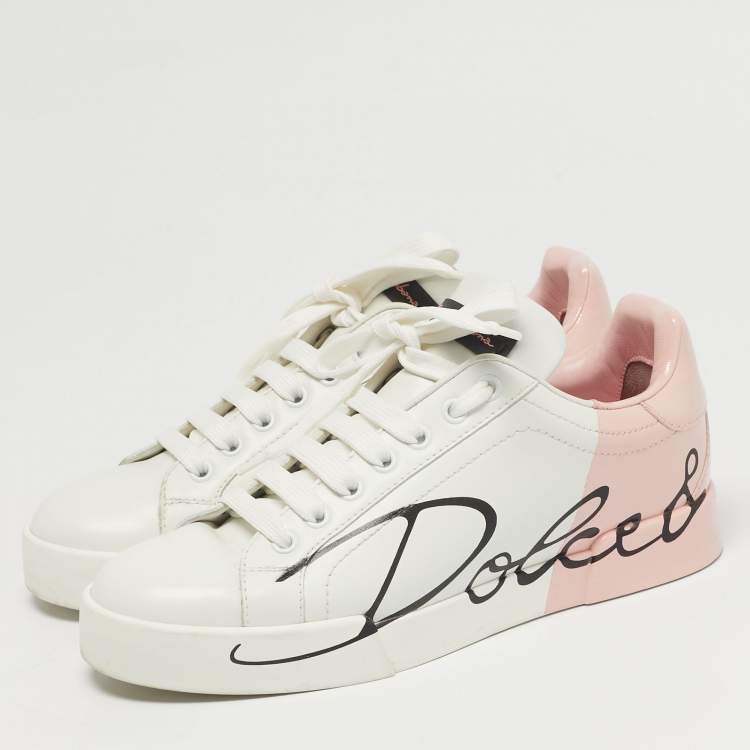 مملوكة مسبقًا Dolce & Gabbana Portofino Size 37 White/Pink Leather Lace Up Sneakers