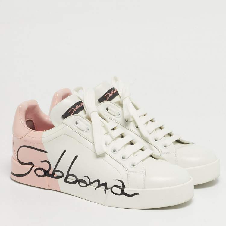 مملوكة مسبقًا Dolce & Gabbana Portofino Size 37 White/Pink Leather Lace Up Sneakers