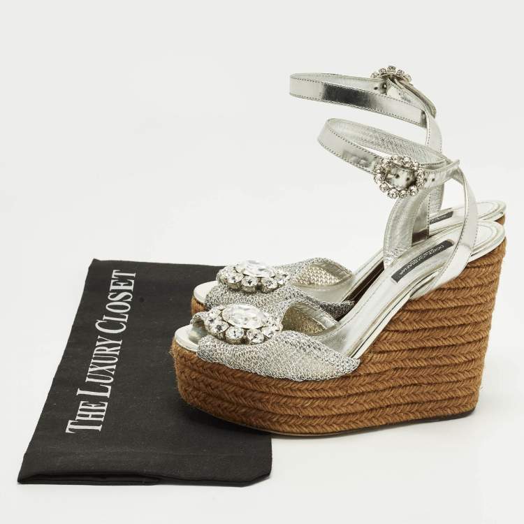 Pre Owned Dolce & Gabbana Bianca Size 38 Silver  Mesh and Raffia Wedge Sandals