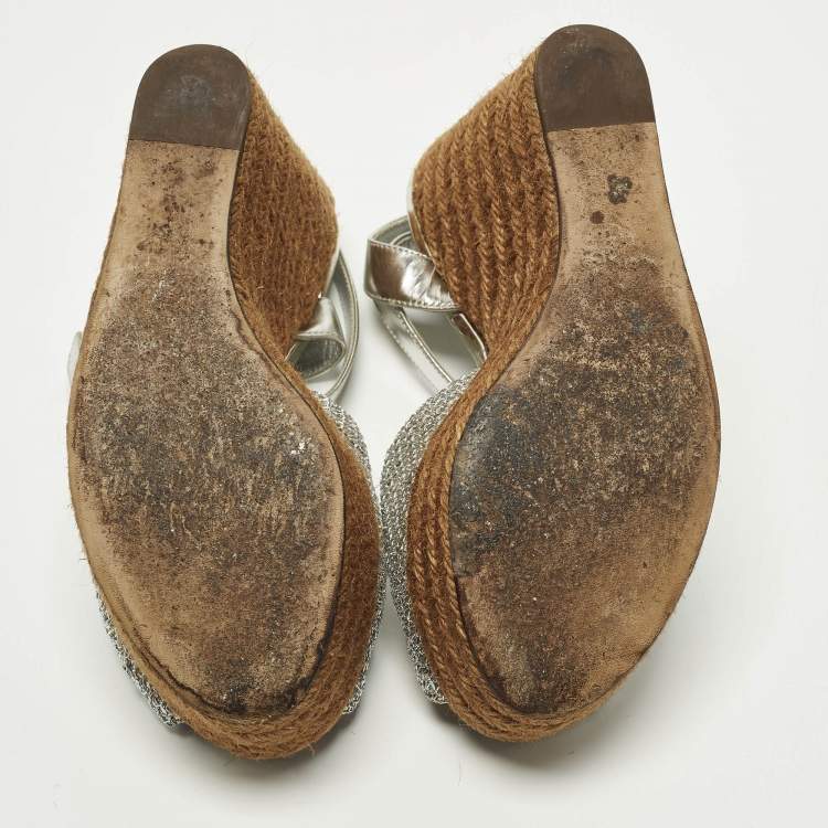 Pre Owned Dolce & Gabbana Bianca Size 38 Silver  Mesh and Raffia Wedge Sandals