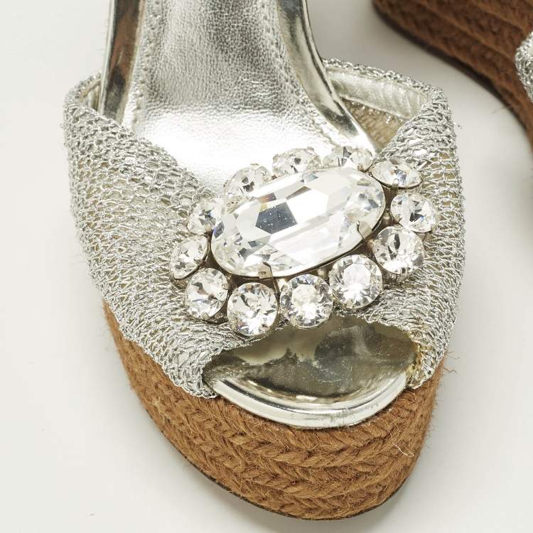 Pre Owned Dolce & Gabbana Bianca Size 38 Silver  Mesh and Raffia Wedge Sandals