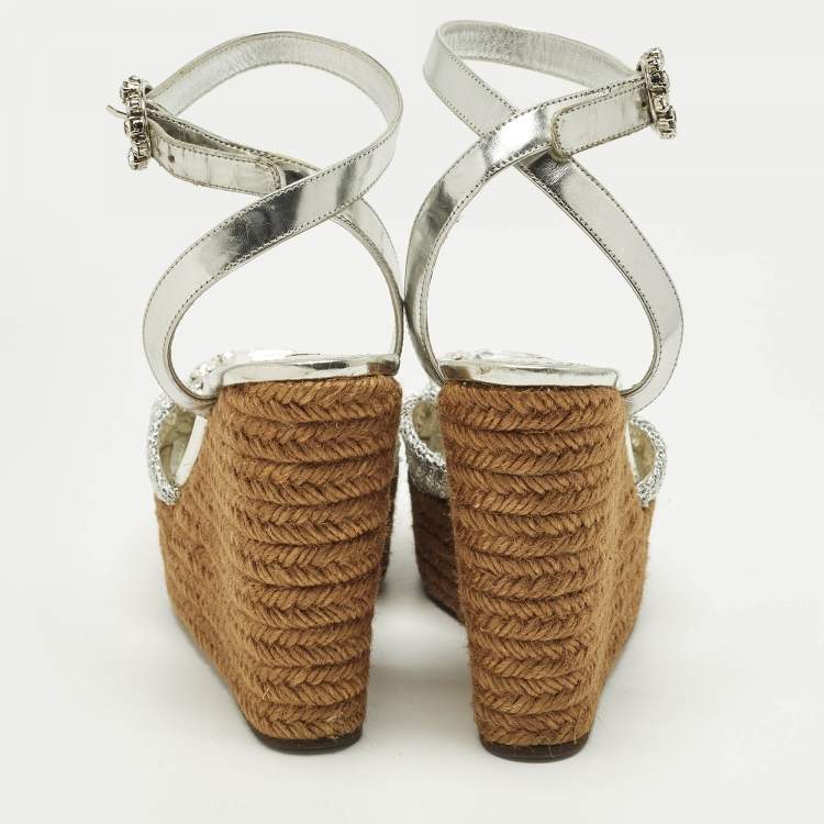 Pre Owned Dolce & Gabbana Bianca Size 38 Silver  Mesh and Raffia Wedge Sandals