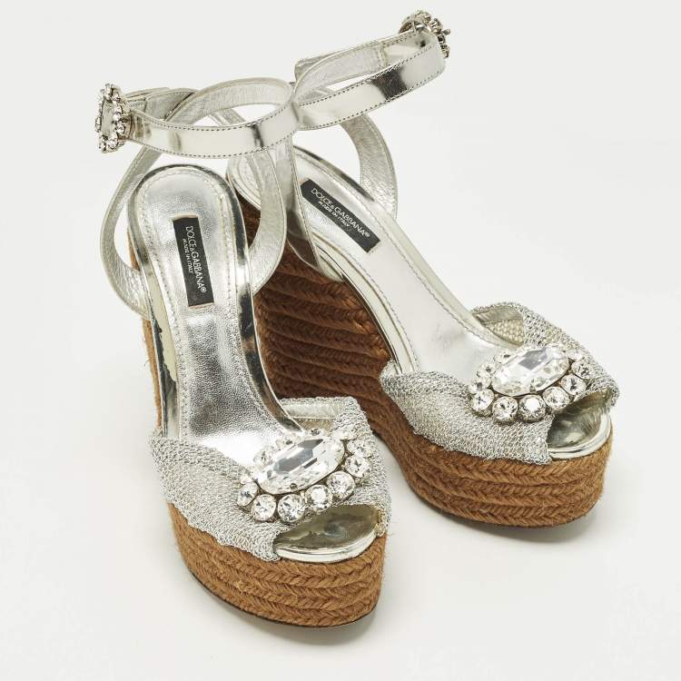 Pre Owned Dolce & Gabbana Bianca Size 38 Silver  Mesh and Raffia Wedge Sandals