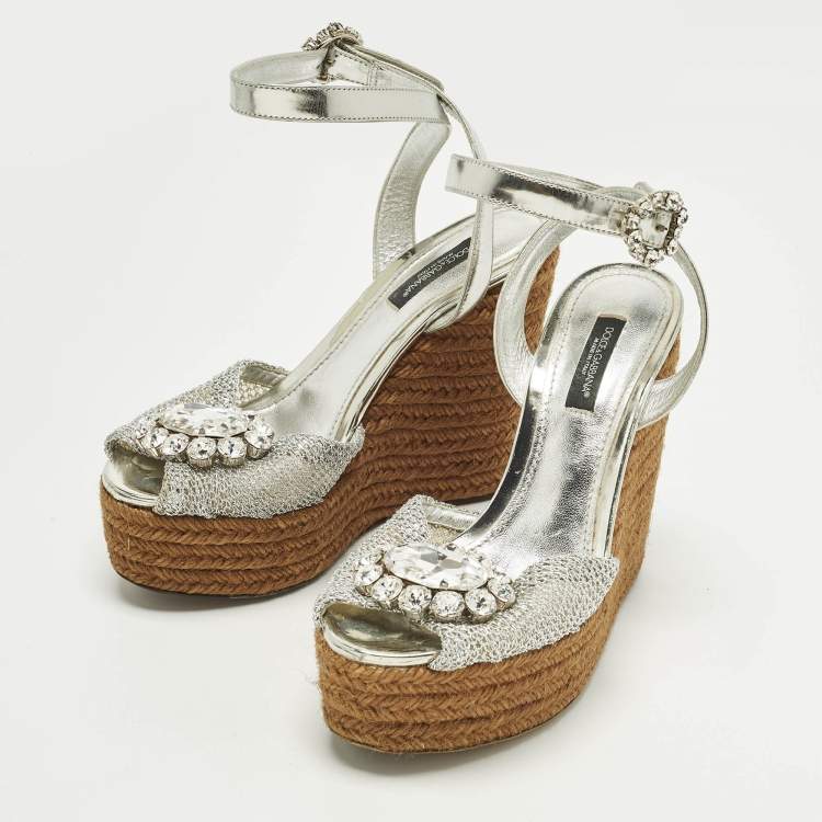 Pre Owned Dolce & Gabbana Bianca Size 38 Silver  Mesh and Raffia Wedge Sandals