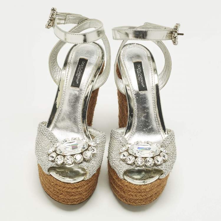 Pre Owned Dolce & Gabbana Bianca Size 38 Silver  Mesh and Raffia Wedge Sandals