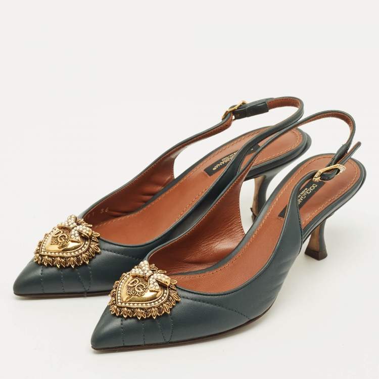 مملوكة مسبقًا Dolce & Gabbana DG Logo Size 36 Green Leather Slingback Pumps