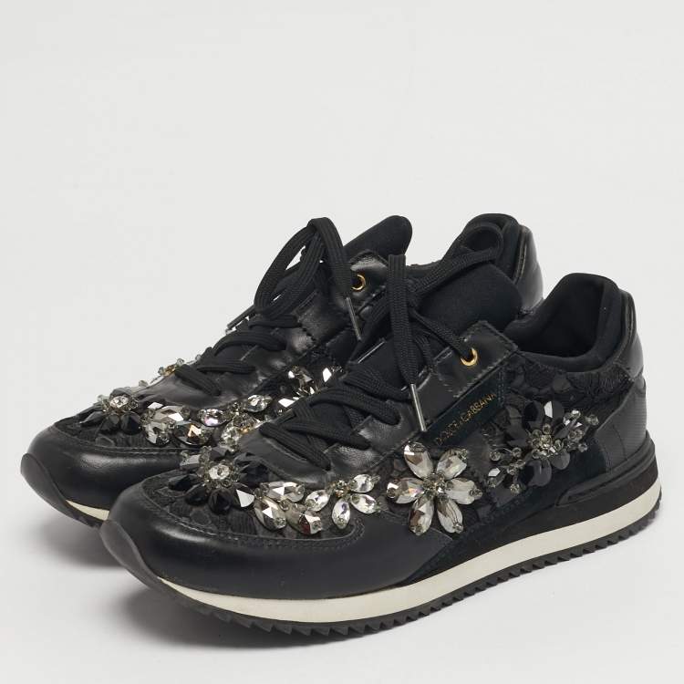 Pre Owned Dolce & Gabbana Size 39 Black Lace and Leather Crystal Embellished Lace Up Sneakers