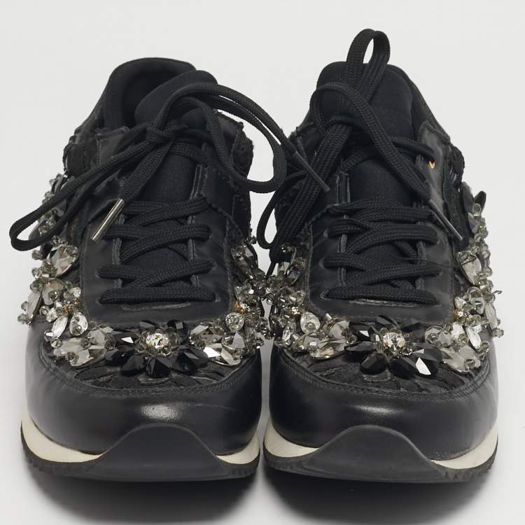 Pre Owned Dolce & Gabbana Size 39 Black Lace and Leather Crystal Embellished Lace Up Sneakers
