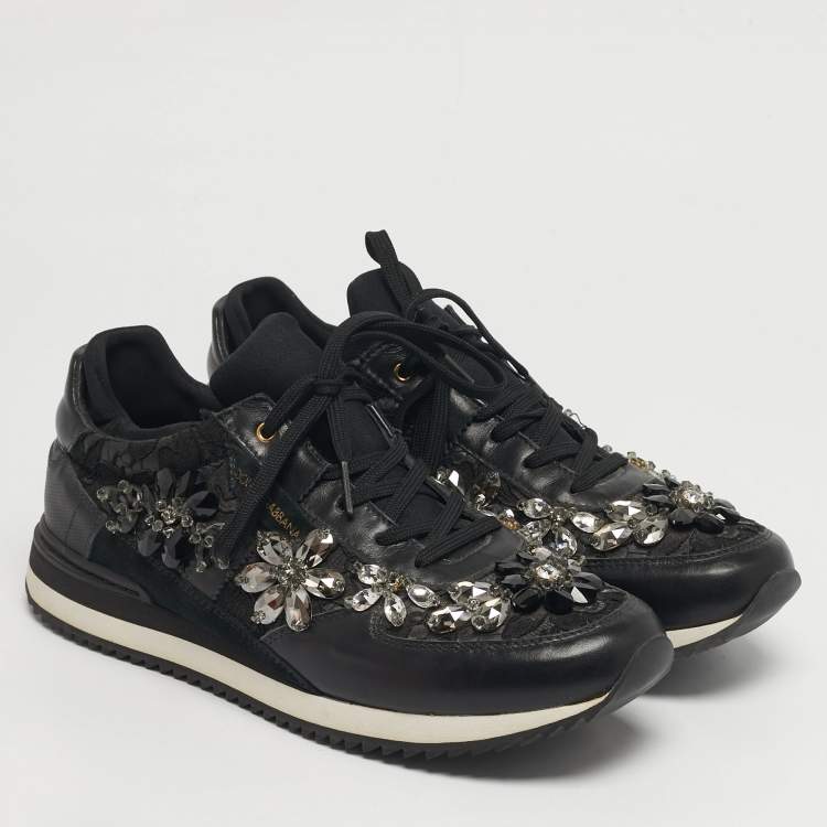 Pre Owned Dolce & Gabbana Size 39 Black Lace and Leather Crystal Embellished Lace Up Sneakers