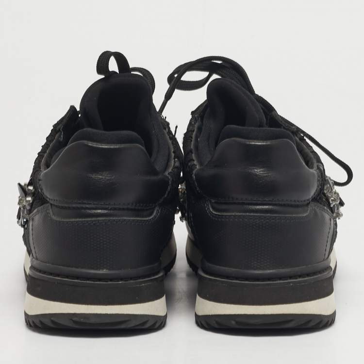 Pre Owned Dolce & Gabbana Size 39 Black Lace and Leather Crystal Embellished Lace Up Sneakers