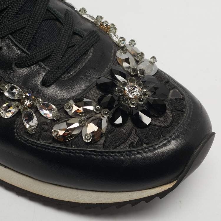Pre Owned Dolce & Gabbana Size 39 Black Lace and Leather Crystal Embellished Lace Up Sneakers