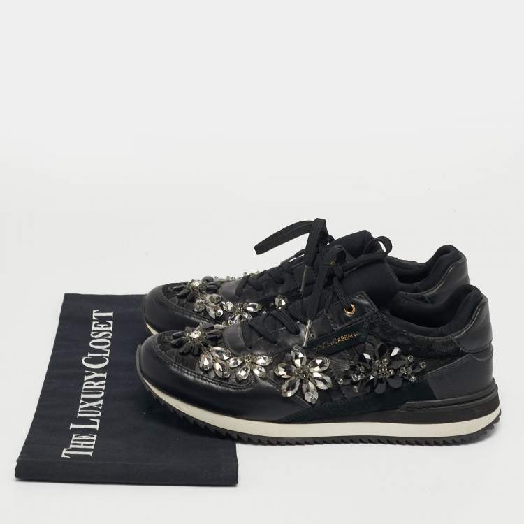 Pre Owned Dolce & Gabbana Size 39 Black Lace and Leather Crystal Embellished Lace Up Sneakers