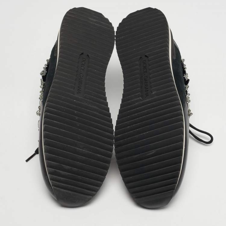 Pre Owned Dolce & Gabbana Size 39 Black Lace and Leather Crystal Embellished Lace Up Sneakers