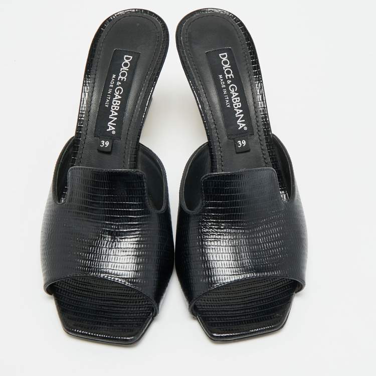 Pre Owned Dolce & Gabbana Keira Size 39 Black Lizard Embossed Leather Slide Sandals