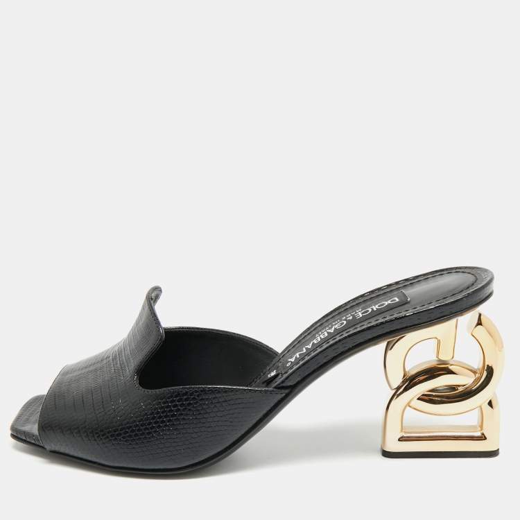 Pre Owned Dolce & Gabbana Keira Size 39 Black Lizard Embossed Leather Slide Sandals