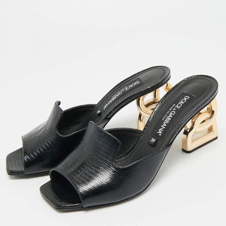 Pre Owned Dolce & Gabbana Keira Size 39 Black Lizard Embossed Leather Slide Sandals