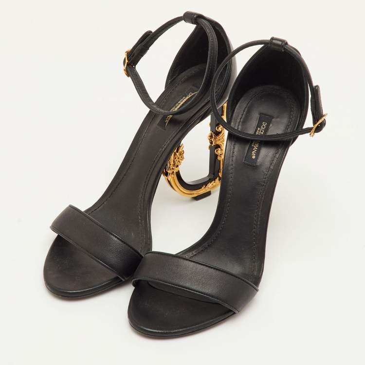 Pre Owned Dolce & Gabbana Keira DG Heel Size 40 Black Leather Ankle Strap Sandals