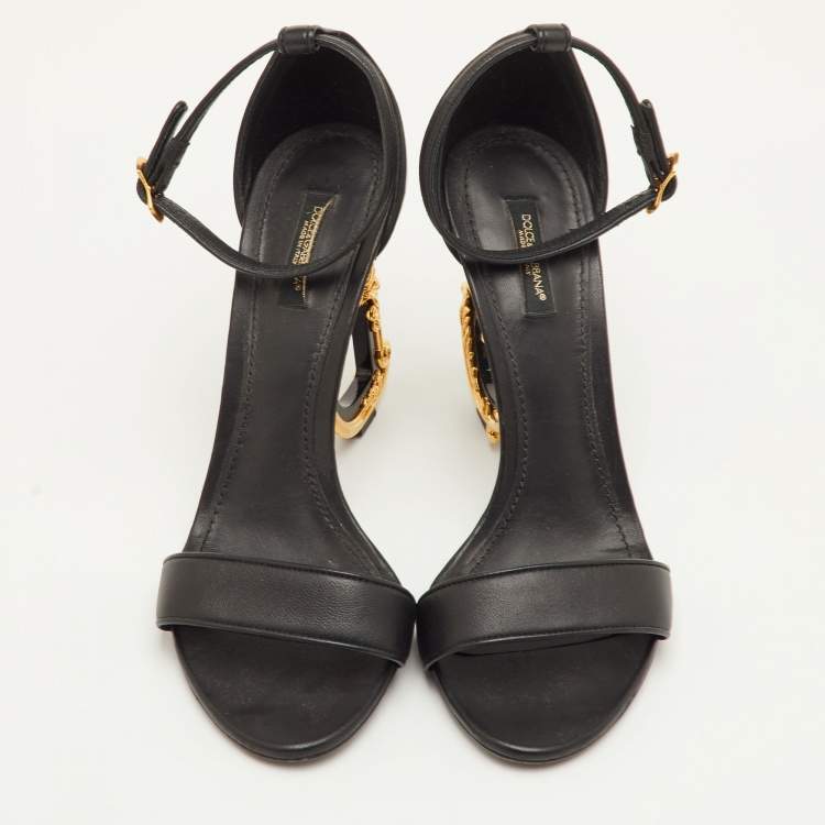 Pre Owned Dolce & Gabbana Keira DG Heel Size 40 Black Leather Ankle Strap Sandals