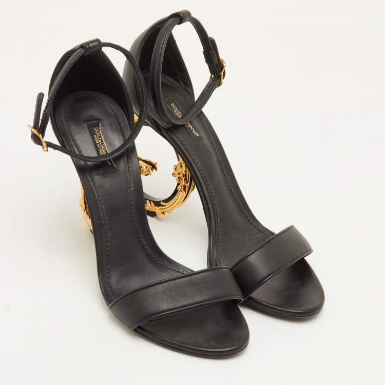 Pre Owned Dolce & Gabbana Keira DG Heel Size 40 Black Leather Ankle Strap Sandals