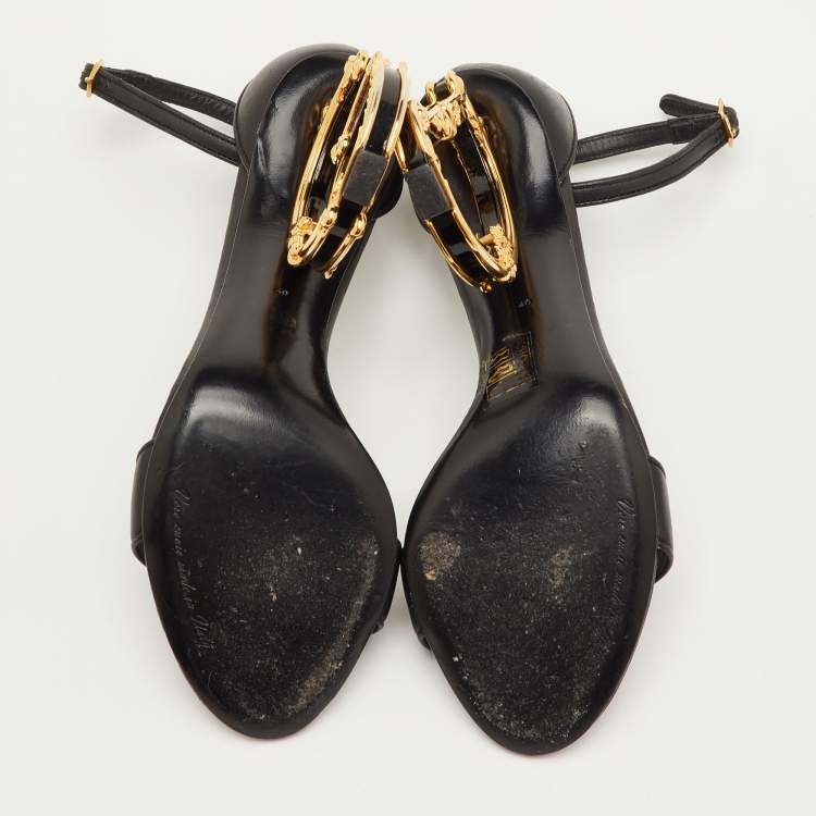 Pre Owned Dolce & Gabbana Keira DG Heel Size 40 Black Leather Ankle Strap Sandals