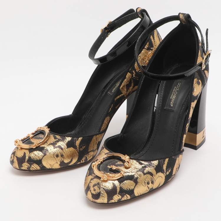 Pre Owned Dolce & Gabbana DG Logo Size 36.5 Gold/Black Brocade Fabric and Patent Leather Pumps