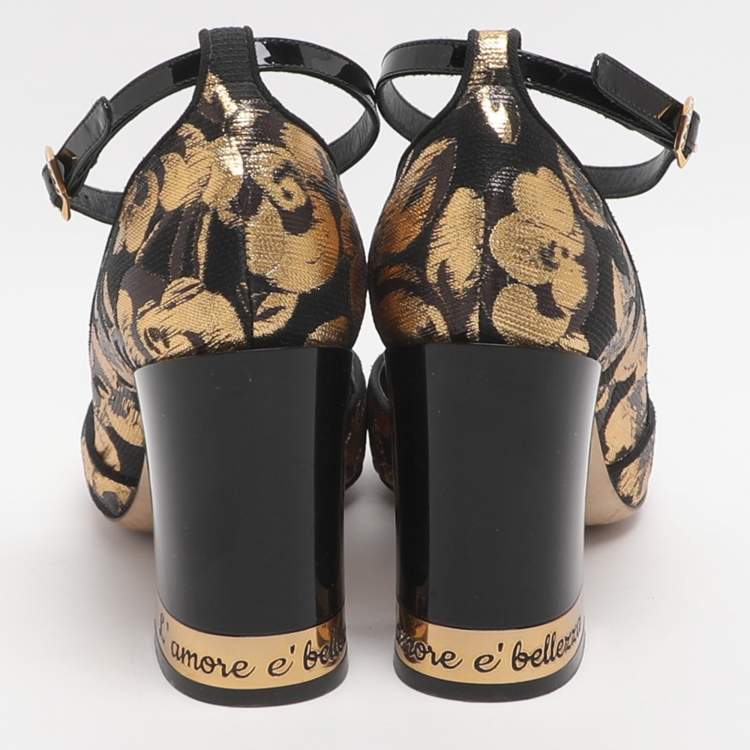 Pre Owned Dolce & Gabbana DG Logo Size 36.5 Gold/Black Brocade Fabric and Patent Leather Pumps