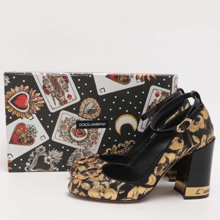 Pre Owned Dolce & Gabbana DG Logo Size 36.5 Gold/Black Brocade Fabric and Patent Leather Pumps