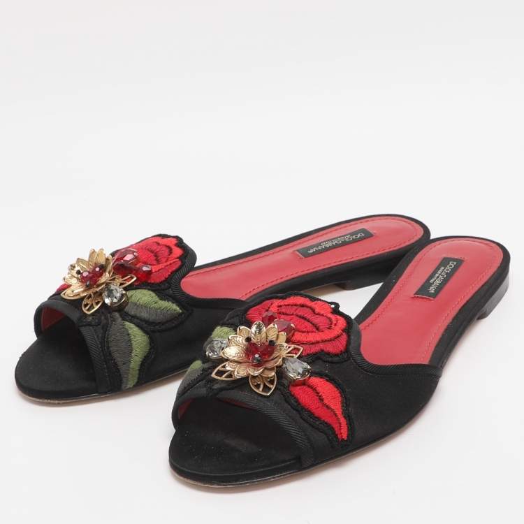 Pre Owned Dolce & Gabbana Size 37.5 Black Satin Floral Embroidered Flats