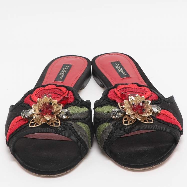 Pre Owned Dolce & Gabbana Size 37.5 Black Satin Floral Embroidered Flats
