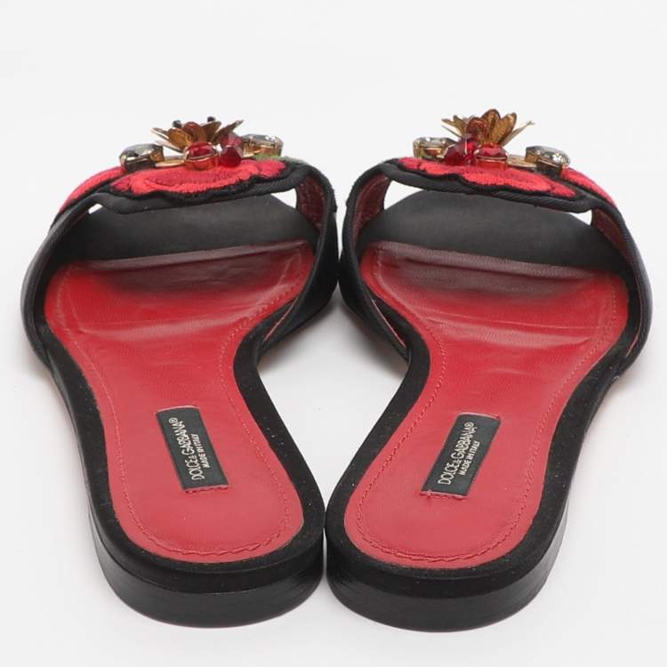 Pre Owned Dolce & Gabbana Size 37.5 Black Satin Floral Embroidered Flats