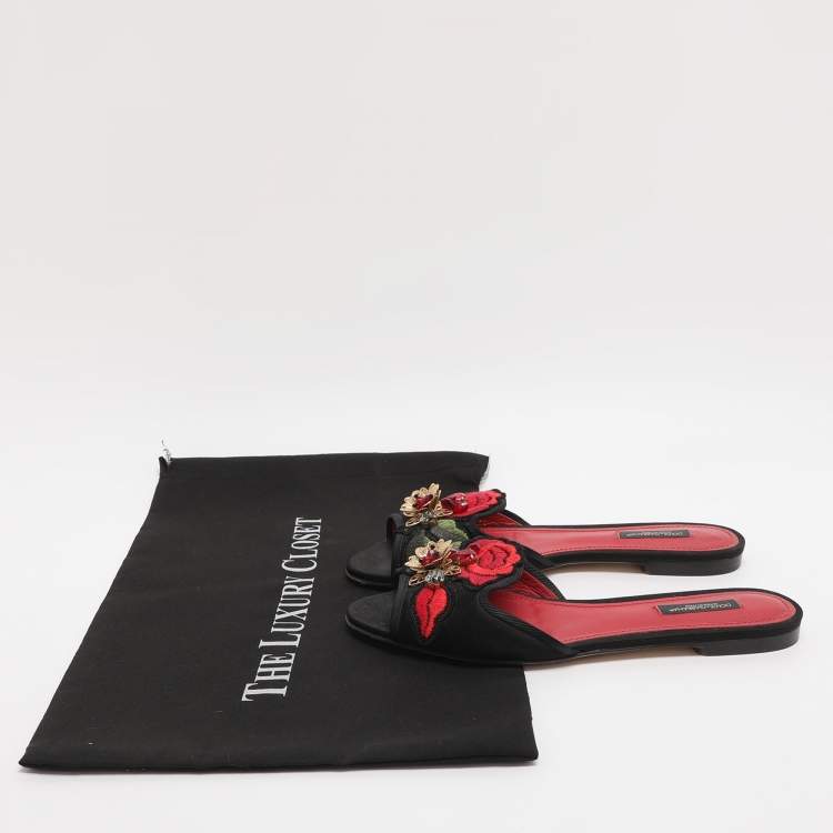 Pre Owned Dolce & Gabbana Size 37.5 Black Satin Floral Embroidered Flats