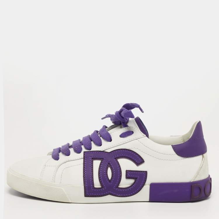 Pre Owned Dolce & Gabbana Portofino Size 38 White/Purple Leather Lace Up Sneakers