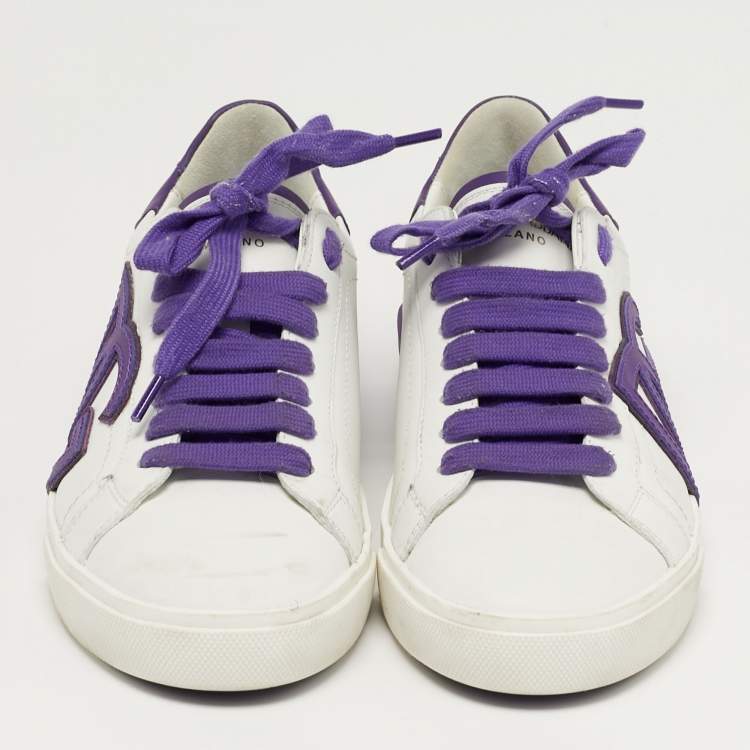 Pre Owned Dolce & Gabbana Portofino Size 38 White/Purple Leather Lace Up Sneakers
